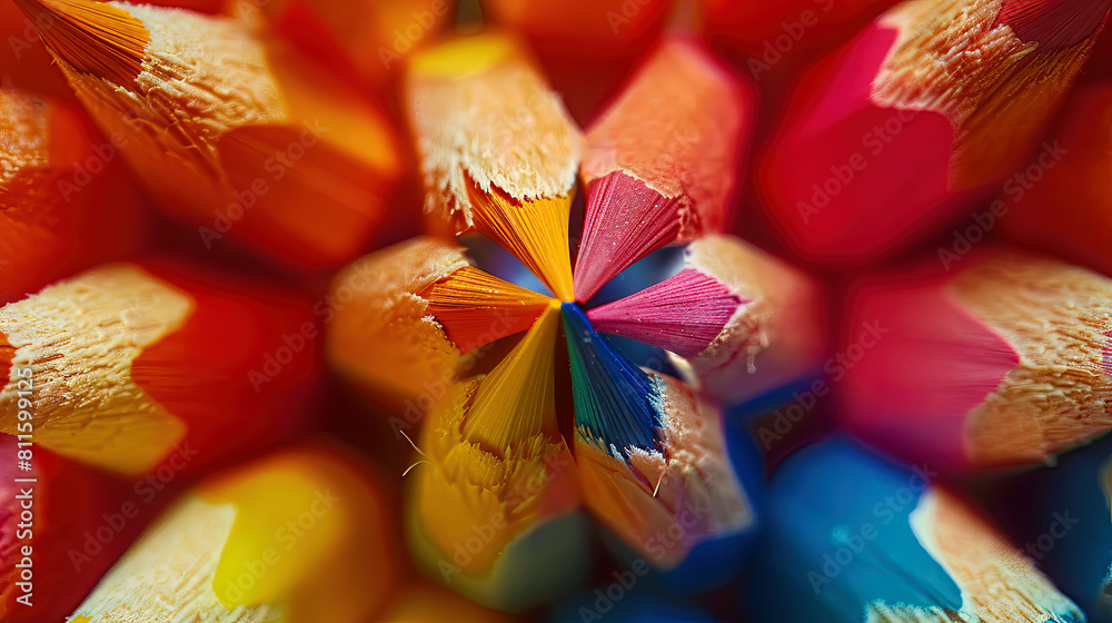 close up of a bunch of colored pencils, The idea of concentration and attraction to nucleus center circle radius unity concept of leadership, community, the team focused on one goal close up of a bunch of colored pencils, The idea of concentration and attraction to nucleus center circle radius unity concept of leadership, community, the team focused on one goal