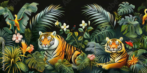 Two tigers resting among lush tropical foliage under a dark background, accompanied by vibrant flora and a small perched bird. A scene of tranquil wilderness. photo