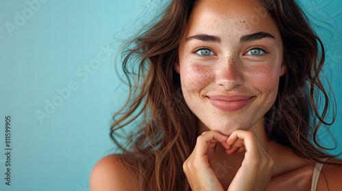Beautiful Happy Woman Showing Love Sign. Portrait Of Beautiful Happy Woman Holding Heart Shaped Hands. Closeup Of Smiling Girl With Healthy Skin Showing Love Sign. photo
