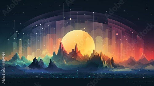 The image is a beautiful landscape with a large moon and colorful mountains. The sky is dark and there are many stars. The image is very peaceful and relaxing. photo