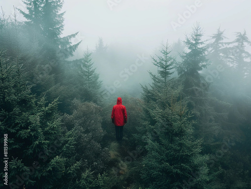 Man in Red Jacket in Misty Forest © pavlofox