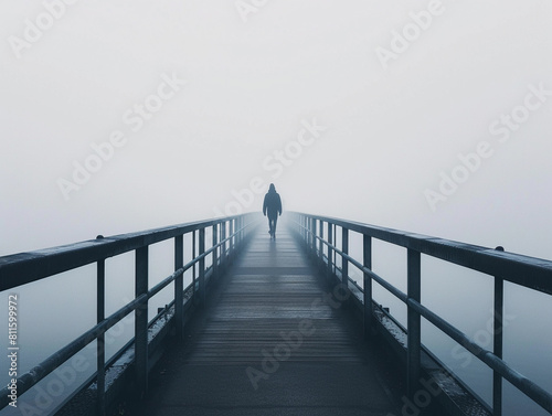 Man Walking on Foggy Bridge