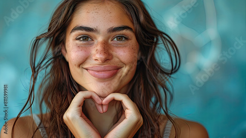 Beautiful Happy Woman Showing Love Sign. Portrait Of Beautiful Happy Woman Holding Heart Shaped Hands. Closeup Of Smiling Girl With Healthy Skin Showing Love Sign. photo