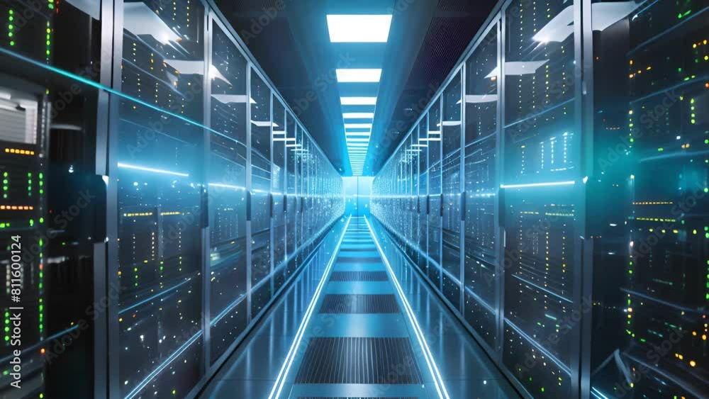 Corridor in Working Data Center Full of Rack Servers and Supercomputers with Internet connection Visualization Projection, technology, digital, futuristic, future Corridor in Working Data Center Full of Rack Servers and Supercomputers with Internet connection Visualization Projection, technology, digital, futuristic, future