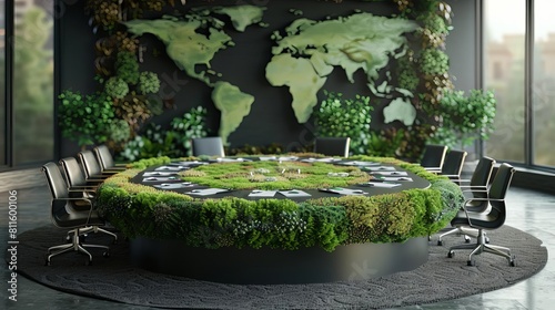 World leaders gathered around a sustainable conference table, reviewing documents crafted from recycled paper, to discuss global environmental policies.