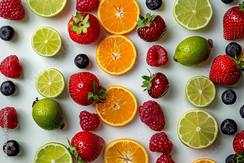 A variety of fruits are arranged on a white surface. © VISUAL BACKGROUND
