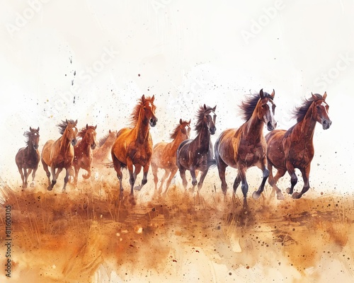 A dynamic watercolor painting of eight horses galloping across a vast plain, representing the auspicious number eight and the flow of good fortune