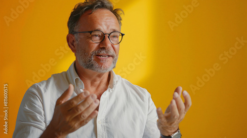 A man with glasses and a white shirt gestures while speaking against a vibrant yellow background, conveying an animated discussion or presentation.