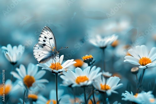 Background flower butterfly spring garden floral beauty blossom plant blue. Garden spring butterfly background summer flower field white color season banner daisy wild morning nature meadow bloom teal © Rida