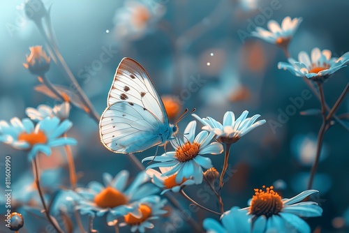 Background flower butterfly spring garden floral beauty blossom plant blue. Garden spring butterfly background summer flower field white color season banner daisy wild morning nature meadow bloom teal photo