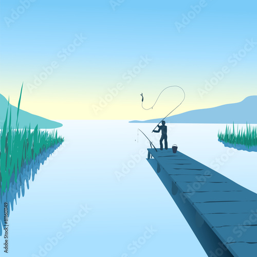 A fisherman on the shore of the lake caught a fish with a fishing rod, pulling it out of the water. Vector illustration Early morning on a large lake and a man catching a fish. on the sides of the