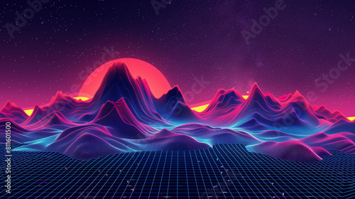 Abstract retro mountains on background of starry sky. 3D topographic map of terrain planet Earth. Vector grid landscape with lines and dot. Futuristic digital wireframe floor in style of 80s and 90s.