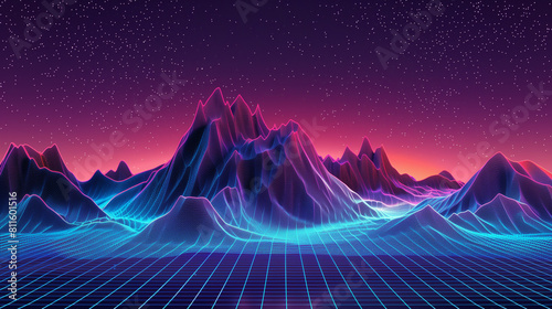 Abstract retro mountains on background of starry sky. 3D topographic map of terrain planet Earth. Vector grid landscape with lines and dot. Futuristic digital wireframe floor in style of 80s and 90s.