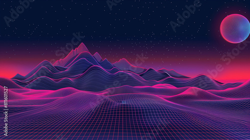 Abstract retro mountains on background of starry sky. 3D topographic map of terrain planet Earth. Vector grid landscape with lines and dot. Futuristic digital wireframe floor in style of 80s and 90s.