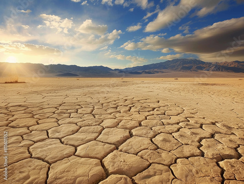 Desert Landscape with Cracked Soil under Sunset