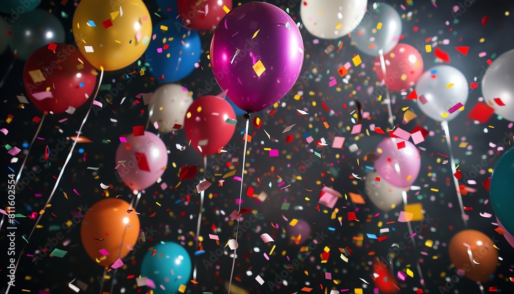 Balloons in a variety of colors hanging above a dark background, wide shot with scattered confetti, capturing the festive spirit of a celebration