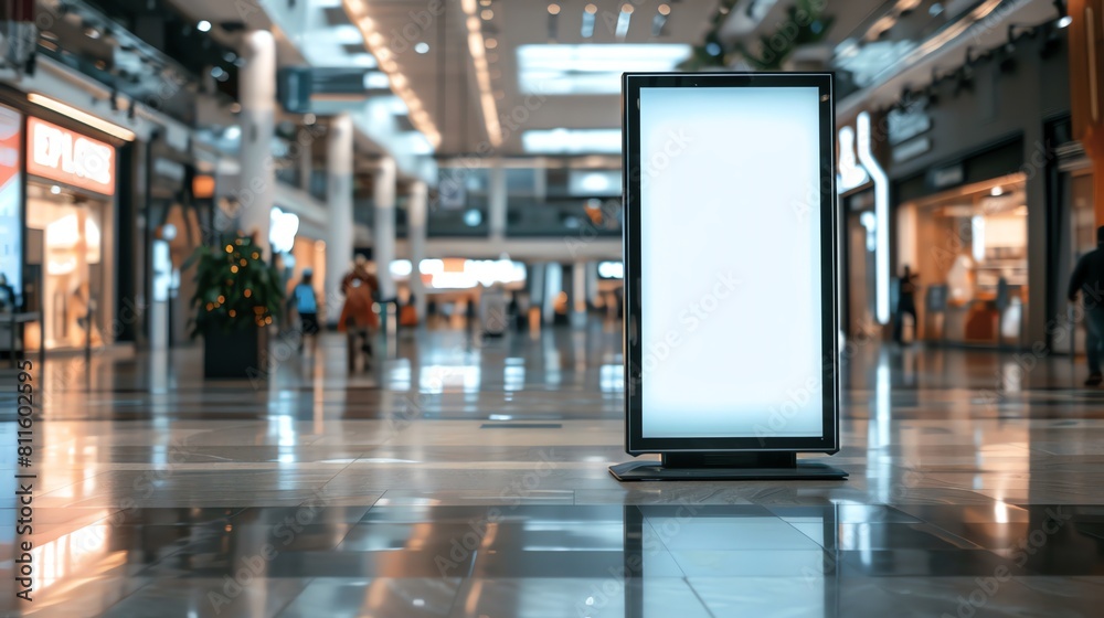 Blank digital advertising board stands in the middle of a shopping mall Straighton shot emphasizing the contrast between its emptiness and the bustling surroundings Blank digital advertising board stands in the middle of a shopping mall Straighton shot emphasizing the contrast between its emptiness and the bustling surroundings