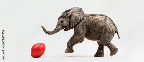 Baby elephant playfully kicking a football. Isolated on white background bright lighting