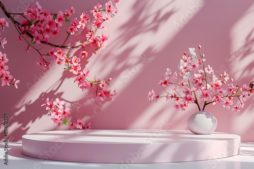 Background podium 3D spring flower product beauty pink display nature. 3D podium stand background scene floral mockup cosmetic white blossom summer abstract shadow platform minimal design render stage