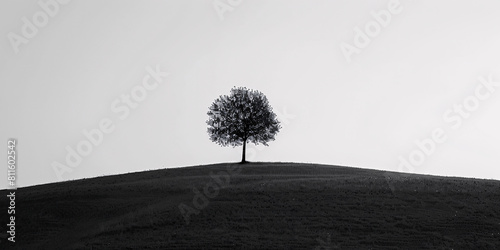 A black and white photo of a single tree on a hill