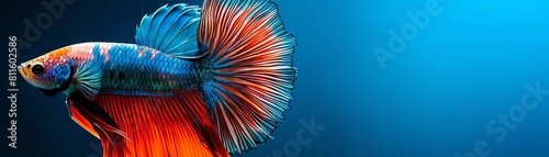 Betta fish with flowing fins in red, white, and blue swimming against a deep blue background Closeup shot emphasizing the intricate patterns and vibrant colors