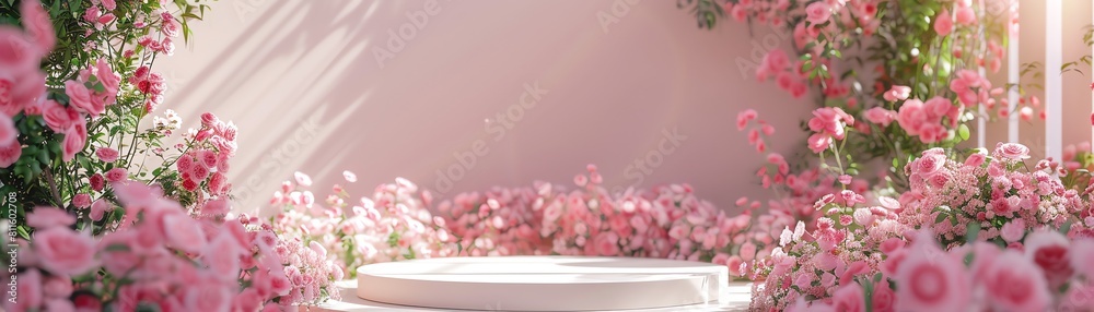 Circular podium amidst a lush arrangement of pink roses, soft natural light, highkey photography Circular podium amidst a lush arrangement of pink roses, soft natural light, highkey photography