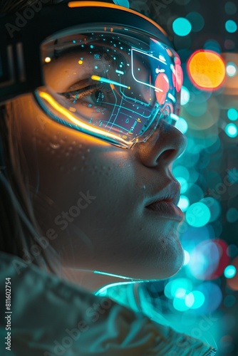 Close-up of a woman wearing futuristic AR goggles eyes focused
