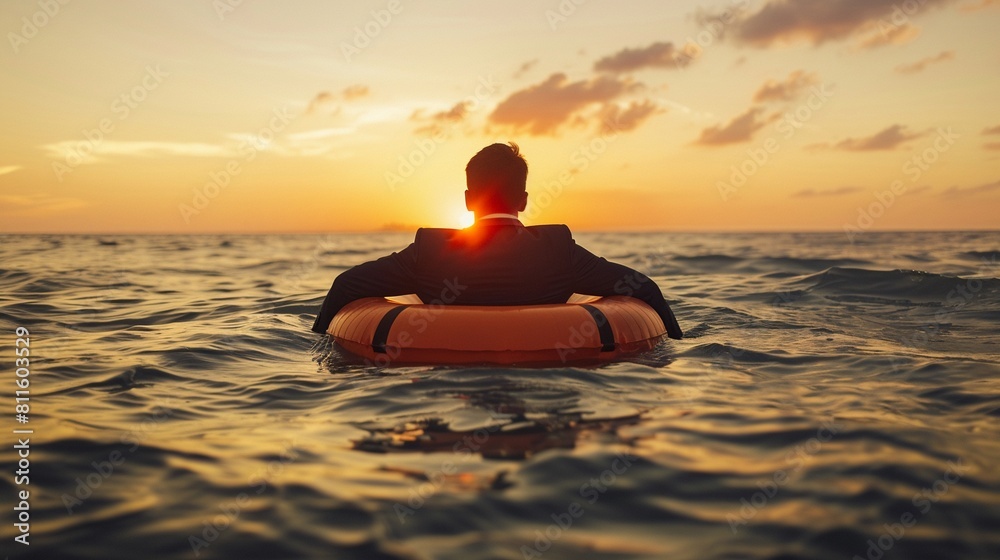 Man in a suit floating in the ocean at sunset with an orange life buoy contrasting determination and uncertainty Man in a suit floating in the ocean at sunset with an orange life buoy contrasting determination and uncertainty