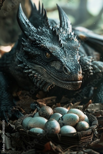 Mother dragon guarding eggs medium shot