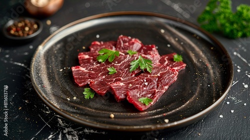 Sliced raw marbled beef on a dark plate garnished with parsley