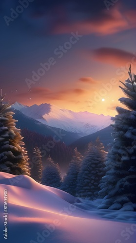 Mountain lake at dawn with misty sunrise photo