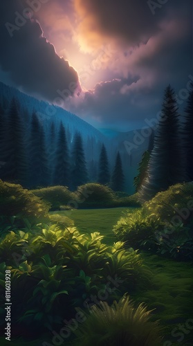 Mountain lake at dawn with misty sunrise photo
