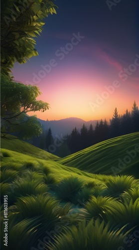 Mountain lake at dawn with misty sunrise photo
