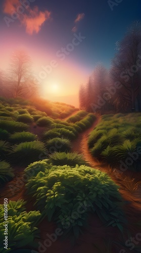 Mountain lake at dawn with misty sunrise photo
