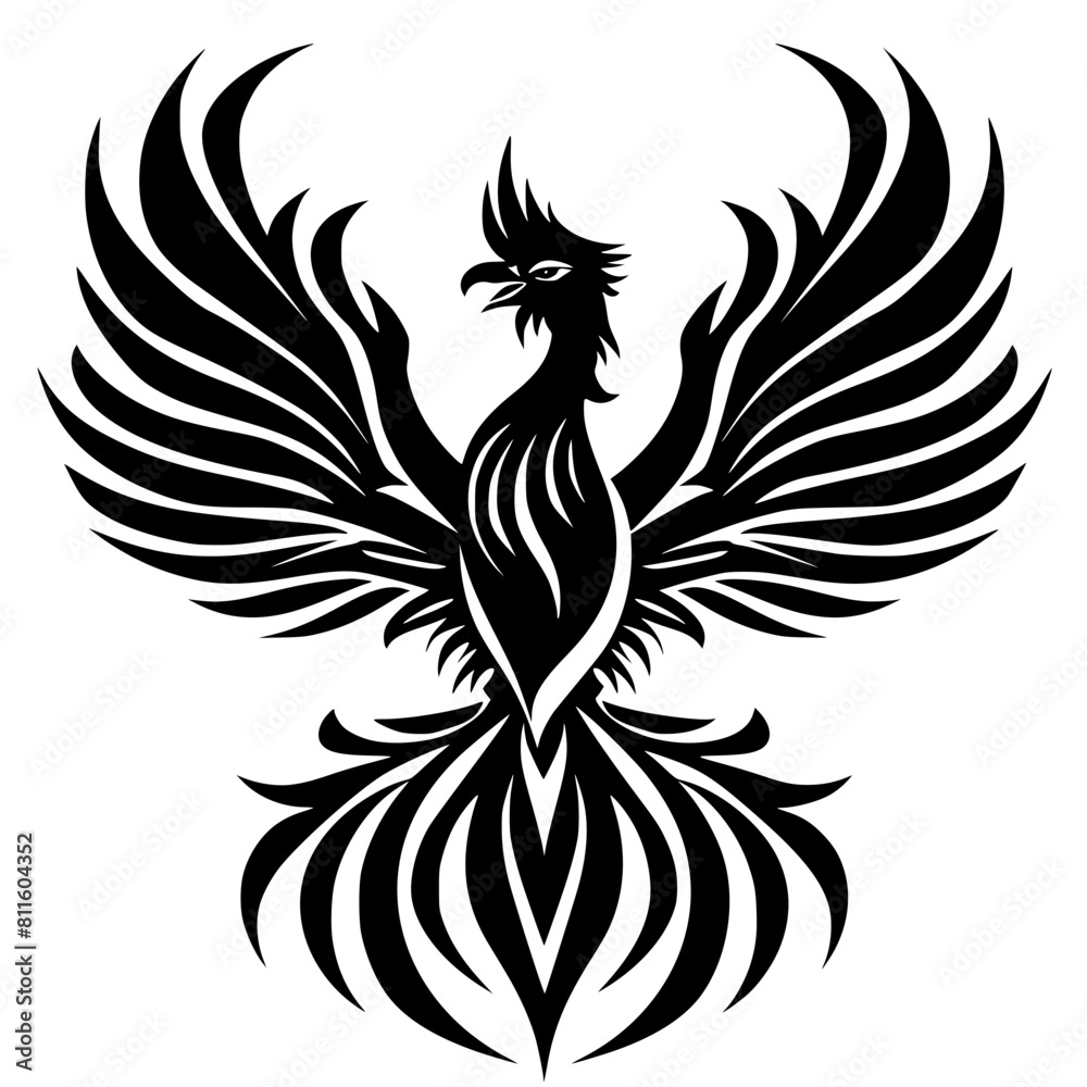 Obraz premium tattoo, vector, design, tribal, bird, pattern, illustration, flower, ornament, decoration, floral, art, silhouette, phoenix, black, element, symbol, fire, leaf, logo, swirl, nature, wing, animal, drag