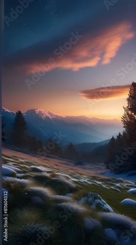 Mountain lake at dawn with misty sunrise photo