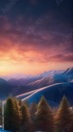 Mountain lake at dawn with misty sunrise photo