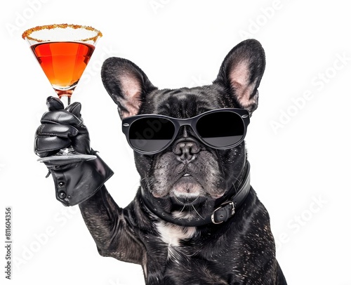 Fawn French Bulldog with sunglasses holds Martini glass © Alexei