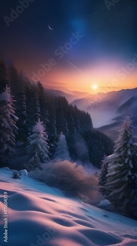 Mountain lake at dawn with misty sunrise photo