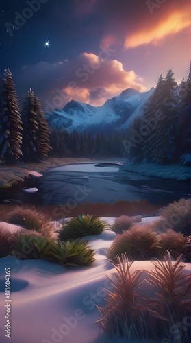 Mountain lake at dawn with misty sunrise photo
