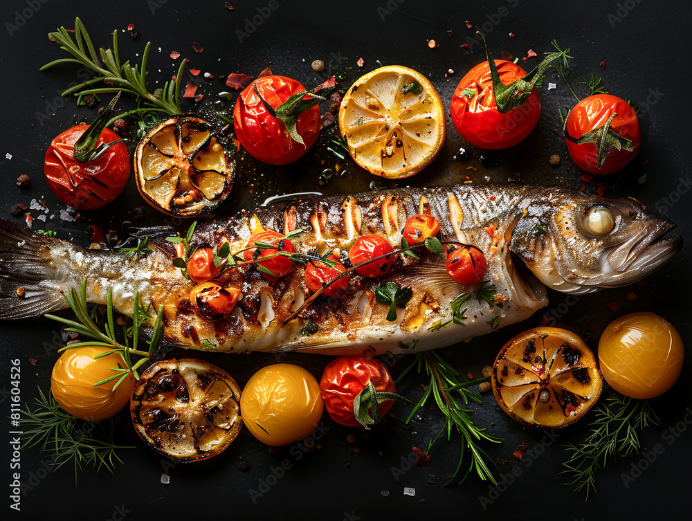 Grilled fish with tomatoes and lemons on a black background.