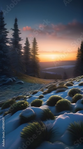 Mountain lake at dawn with misty sunrise photo