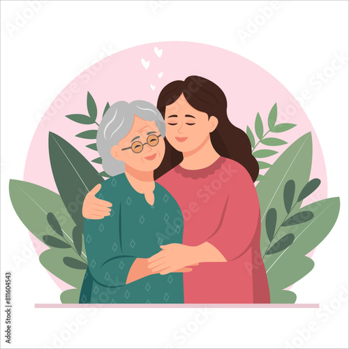 Mother's Day. Happy young woman hugging her old mother with love. Mother and daughter. Portrait of young woman  hugging her grandma. Friendly family relationship. Vector flat illustration