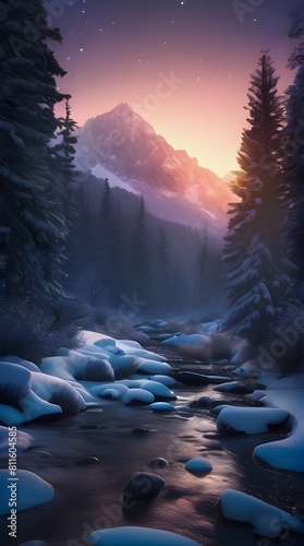 Mountain lake at dawn with misty sunrise photo