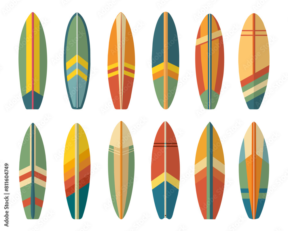 Set of surfboards. Summer surfboard elements in colorful pattern design isolated on white background. Vector Set of surfboards. Summer surfboard elements in colorful pattern design isolated on white background. Vector