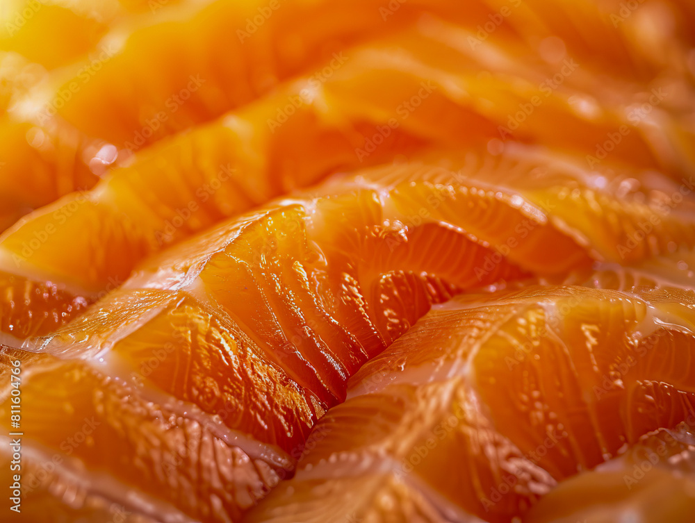 A close up of salmon slices on a white plate. A close up of salmon slices on a white plate.
