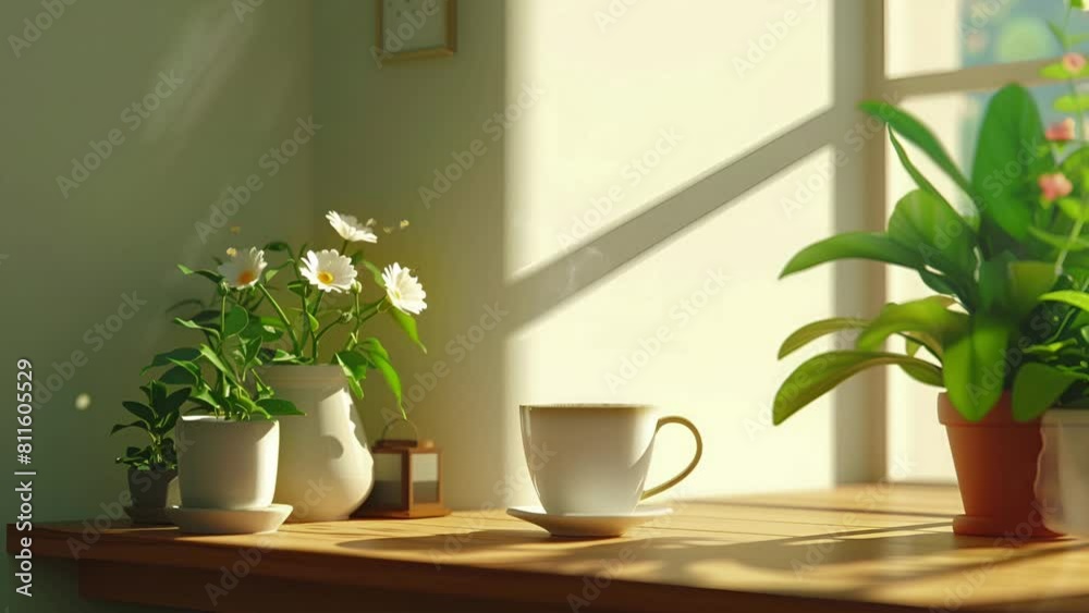 A cup of coffee on the table with the morning sun relaxation video; (Version 005) 4k virtual video animation. A cup of coffee on the table with the morning sun relaxation video; (Version 005) 4k virtual video animation.