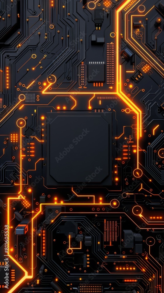 Fototapeta premium Black circuit board with orange elements. The concept of modern technologies. Technological background