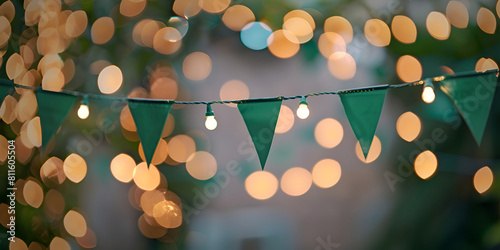 Bunting is hung above flowers in a patio or yard at a party.
