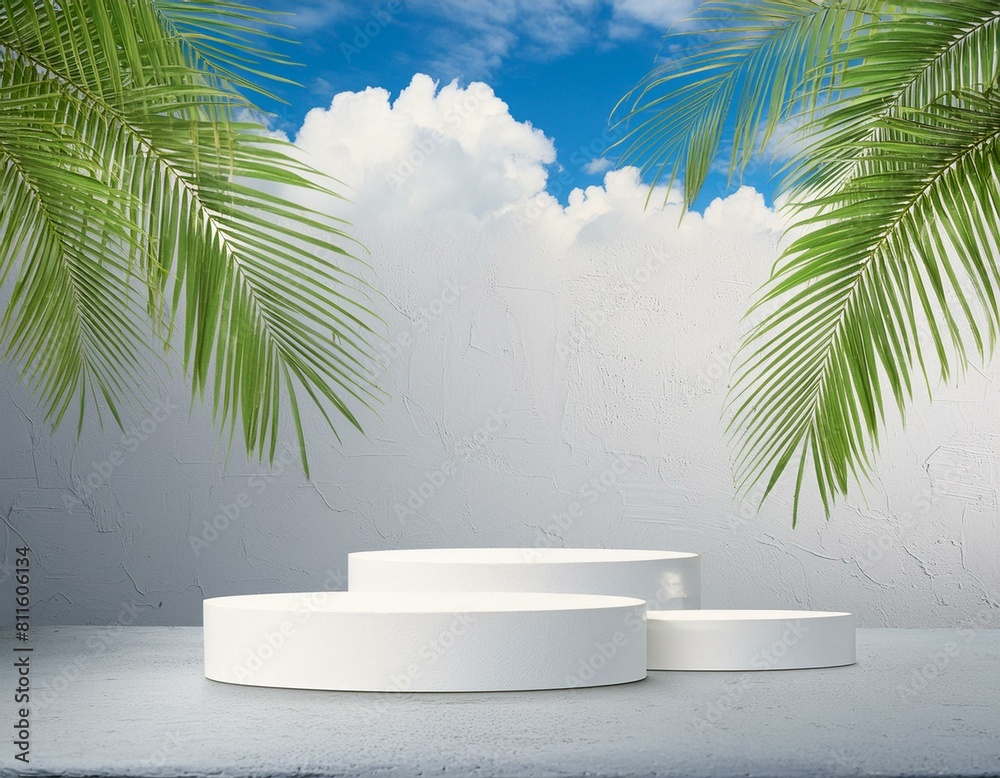 Coastal Charm: Product Stand with Palm Leaves and Sky Backdrop Coastal Charm: Product Stand with Palm Leaves and Sky Backdrop